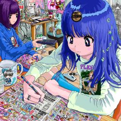 Rule 34 | 2girls, ace akira, blue hair, blue shirt, blunt bangs, bob cut, cable, closed mouth, computer, controller, cup ramen, drawing tablet, empty eyes, freckles, heart on cheek, holding, holding remote control, indoors, jaggy lines, jewelry, keyboard (computer), long hair, medium hair, mouse (computer), multiple girls, nissin cup noodle, original, purple eyes, purple hair, rain, remote control, ring, shirt, sticker, stuffed toy, white shirt, writing