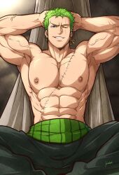 Rule 34 | 1boy, abs, absurdres, arm behind head, armpits, artist name, bara, belt, biceps, black eyes, ear piercing, earrings, green eyes, hammock, highres, jewelry, kuroshinki, large pectorals, looking at viewer, lying, male focus, manly, mature male, muscular, muscular male, nipples, on back, one piece, pants, pectorals, piercing, roronoa zoro, scar, scar on chest, scar on face, short hair, signature, smirk, solo, spiked hair, spread legs, stud earrings, teeth, thick arms, veins