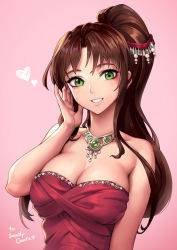 Rule 34 | 1girl, bare arms, bare shoulders, breasts, brown hair, cleavage, commentary request, green eyes, grin, hair ornament, heart, highres, jewelry, large breasts, long hair, looking at viewer, necklace, oopartz yang, original, pink background, ponytail, simple background, smile, solo, upper body