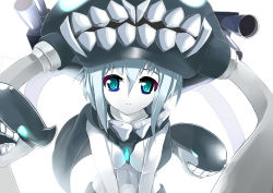 Rule 34 | 10s, 1girl, abyssal ship, aqua eyes, bodysuit, cape, highres, kantai collection, looking at viewer, monster, onikiri, pale skin, personification, silver hair, solo, turret, wo-class aircraft carrier