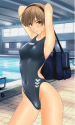 Rule 34 | 1girl, arena (company), armpits, arms up, brown eyes, cameltoe, competition swimsuit, covered erect nipples, looking at viewer, one-piece swimsuit, source request, swimsuit