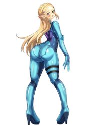 Rule 34 | 1girl, absurdres, ass, blonde hair, blue bodysuit, blush, bodysuit, cosplay, dress, earrings, embarrassed, full body, gown, green eyes, highres, huge ass, impossible bodysuit, impossible clothes, jewelry, metroid, nintendo, pointy ears, princess zelda, samus aran, samus aran (cosplay), shiny clothes, shoukin500, skin tight, the legend of zelda, the legend of zelda: breath of the wild, thick eyebrows, varia suit, zero suit