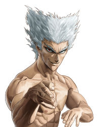 Rule 34 | 1boy, closed mouth, collarbone, garou (one-punch man), grey eyes, heterochromia, highres, looking at viewer, male focus, manly, muscular, nipples, one-punch man, red eyes, silver hair, simple background, smile, solo, stance, taka (takahirokun), white background