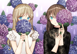 Rule 34 | 2girls, bad id, bad pixiv id, black shirt, blue eyes, blush, brown hair, commentary request, covered mouth, fingernails, flower, flower over mouth, gradient background, hands up, holding, holding flower, hydrangea, kurata rine, light brown hair, long hair, long sleeves, looking at viewer, multiple girls, original, own hands together, parted lips, purple background, purple flower, see-through, shirt, very long hair, water drop, wet, white background, white shirt
