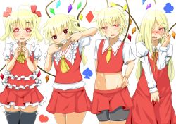Rule 34 | 4girls, adapted costume, alternate hairstyle, ascot, bespectacled, bike shorts, black legwear, blonde hair, blush, cheek pull, clubs, diamond (shape), dress, female focus, flandre scarlet, glasses, grin, hair ribbon, hand on own hip, heart, heart-shaped pupils, highres, himenomikan, long hair, long sleeves, midriff, multiple girls, multiple persona, navel, open mouth, pointy ears, red dress, red eyes, red skirt, ribbon, shirt, short hair, short sleeves, shorts, shorts under skirt, side ponytail, skirt, smile, spade, symbol-shaped pupils, thighhighs, touhou, vest, wings, zettai ryouiki