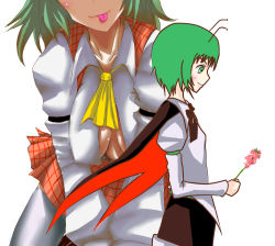 Rule 34 | 2girls, :p, antennae, ascot, breasts, breasts apart, dateya torahachi, female focus, flower, green eyes, green hair, holding, holding flower, kazami yuuka, leaning forward, multiple girls, open clothes, open shirt, plaid, plaid skirt, plaid vest, shirt, short hair, skirt, skirt set, small breasts, thighhighs, tongue, tongue out, touhou, vest, wriggle nightbug