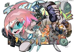 Rule 34 | 3girls, ahoge, bikini, bikini top only, blonde hair, blue-tinted eyewear, blue-tinted glasses, blue hair, boots, chromatic aberration, cropped jacket, drill hair, elbow gloves, frag, gas mask, gloves, gun, headgear, knee boots, luluco, mask, multiple girls, muzzle (trigger), night-vision device, official art, outside border, red hair, safety glasses, signature, skeleton print, spring (trigger), striped bikini, striped clothes, sunglasses, swimsuit, thighhighs, tinted eyewear, tokiya, trigger-chan, trigger (company), twin drills, uchuu patrol luluco, visor, watermark, weapon