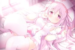 Rule 34 | 1girl, animal ears, bed sheet, binaural microphone, blush, breasts, closed mouth, commentary, copyright request, curtains, dog ears, dog girl, dog tail, dress, english commentary, frilled dress, frilled hat, frills, garter straps, hair between eyes, hands up, hat, highres, indoors, looking at viewer, lying, medium breasts, microphone, mimikaki, nurse, nurse cap, on back, pink eyes, pink hair, renew vivi, sideboob, sleeveless, sleeveless dress, smile, solo, tail, thighhighs, virtual youtuber, white dress, white thighhighs, window, wrist cuffs