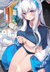 Rule 34 | 1girl, blue archive, blue buruma, blue jacket, blue shirt, blush, breast hold, breasts, buruma, clothes lift, coffee mug, cup, hair ornament, halo, highres, jacket, large breasts, long hair, long sleeves, looking at viewer, mug, noa (blue archive), off shoulder, open clothes, open jacket, open mouth, purple eyes, shirt, shirt lift, short sleeves, sidelocks, sitting, smile, solo, super zombie, thighs, track jacket, very long hair, white hair