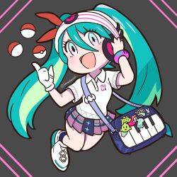 Rule 34 | 1girl, :d, absurdres, aqua eyes, aqua hair, bag, beanie, blue bag, chibi, collared shirt, creatures (company), full body, game freak, gloves, hair between eyes, hair ribbon, hand on headphones, harurukan, hat, hatsune miku, headphones, highres, long hair, multicolored eyes, nintendo, open mouth, piano print, pink eyes, pleated skirt, pointing, poke ball, pokemon, polo shirt, project voltage, psychic miku (project voltage), red ribbon, ribbon, shirt, shoes, short sleeves, shoulder bag, single glove, skirt, smile, sneakers, solo, twintails, twitter username, very long hair, vocaloid, white gloves, white hat, white shirt, white sneakers
