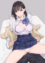Rule 34 | 1boy, 1girl, absurdres, arm support, bed, bed frame, bed sheet, black eyes, black hair, black pants, blue bow, blue bowtie, blue skirt, bow, bowtie, breasts, cleavage, clothes lift, collared shirt, commentary request, hands on own hips, highres, light blush, lingerie, long hair, long sleeves, looking at viewer, loose necktie, medium breasts, necktie, negligee, on bed, open clothes, open shirt, original, panties, pants, parted lips, pleated skirt, satin, satin panties, school uniform, shirt, shirt tucked in, sitting, sitting on person, skirt, skirt lift, sleeves rolled up, spread legs, underwear, uniform, white panties, yamaishi (mukoubuti)