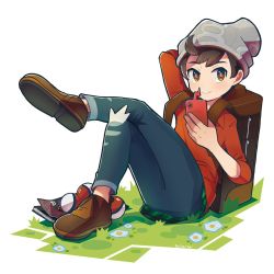 Rule 34 | 1boy, beanie, bo9 (bo9 nc), brown eyes, brown footwear, brown hair, cable knit, closed mouth, commentary request, creatures (company), crossed legs, denim, game freak, gen 4 pokemon, grass, grey hat, hat, highres, holding, jeans, light blush, male focus, nintendo, pants, plaid, poke ball, poke ball (basic), pokemon, pokemon (creature), pokemon swsh, red shirt, rotom, rotom phone, shirt, shoes, sitting, sleeves rolled up, smile, solo, suitcase, swept bangs, torn clothes, torn jeans, torn pants, victor (pokemon)