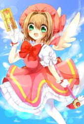 Rule 34 | 1990s (style), 1girl, :d, ahoge, bad id, bad pixiv id, blush, bow, brown hair, card, cardcaptor sakura, clow card, fuuin no tsue, gloves, green eyes, hat, highres, kaenuco, kero (cardcaptor sakura), kinomoto sakura, open mouth, pink hat, retro artstyle, ribbon, short hair, smile, tail, wand, white gloves, wings