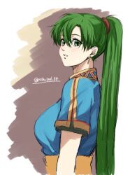 Rule 34 | 1girl, blue shirt, blush, breasts, brown background, commentary request, earrings, eyelashes, fire emblem, fire emblem: the blazing blade, from side, green eyes, green hair, hair between eyes, jewelry, large breasts, long hair, looking at viewer, lyn (fire emblem), miku1201 fe, nintendo, parted bangs, parted lips, ponytail, sash, shadow, shirt, short sleeves, sidelocks, sketch, solo, twitter username, upper body, white background