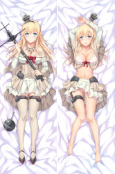 Rule 34 | 10s, 1girl, arms up, bare shoulders, barefoot, bed sheet, black footwear, blonde hair, blue eyes, blush, bra, braid, breasts, corset, crown, dakimakura (medium), dress, flower, french braid, from above, full body, garter straps, globus cruciger, gluteal fold, hairband, highres, jewelry, kantai collection, large breasts, legs, long hair, long sleeves, looking at viewer, lying, mini crown, multiple views, navel, necklace, off-shoulder dress, off shoulder, on back, open clothes, panties, red flower, red ribbon, red rose, ribbon, rose, scepter, shoes, smile, thighhighs, tonee, underwear, warspite (kancolle), white bra, white dress, white panties, white thighhighs