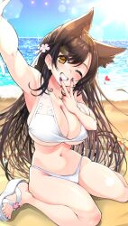 1girl animal_ears aruto_(shake_onigiri) atago_(azur_lane) atago_(summer_march)_(azur_lane) azur_lane beach bikini black_hair breasts commentary grin highres large_breasts long_hair nail_polish navel ocean official_alternate_costume one_eye_closed outdoors purple_nails sandals smile solo swimsuit symbol-only_commentary thighs white_bikini yellow_eyes