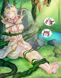 Rule 34 | 1girl, absurdres, arm behind back, barefoot, bdsm, blonde hair, blue eyes, bondage, bound, breasts, chain, character request, cleavage, dress, elderwood leblanc, elementalist lux, feet, highres, league of legends, leblanc (league of legends), legs together, lux (league of legends), mushroom, plant, restrained, skirt, tickling, white dress, yuehei dao