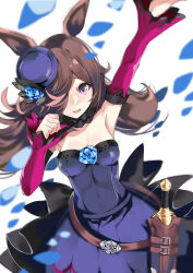 Rule 34 | 1girl, animal ears, arm up, armpits, back bow, belt, black bow, blaze (blazeillust), blue dress, blue flower, blue hat, blue rose, bow, breasts, brown belt, brown hair, commentary, dagger, dress, flower, fur collar, hair over one eye, hat, hat flower, highres, horse ears, horse girl, knife, large bow, long hair, long sleeves, looking at viewer, off-shoulder dress, off shoulder, open mouth, petals, purple eyes, rice shower (umamusume), rose, rose petals, sheath, sheathed, short dress, small breasts, smile, solo, standing, tilted headwear, umamusume, weapon
