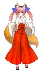 Rule 34 | 10s, 1girl, animal ear fluff, animal ears, fate/extra, fate (series), fox ears, fox tail, full body, hair between eyes, hair ribbon, japanese clothes, miko, official alternate costume, official art, pink hair, ribbon, sandals, solo, standing, tail, tamamo (fate), tamamo no mae (fate/extra), transparent background, twintails, wada arco, yellow eyes