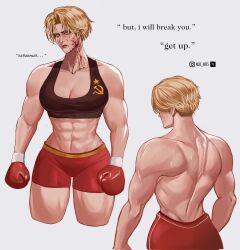 abs black_sports_bra blonde_hair blood blood_on_face breasts cleavage cropped_legs english_text from_behind genderswap genderswap_(mtf) highres instagram_username ivan_drago large_breasts lips midriff mixed-language_text multiple_views muscular muscular_female n10_arts red_shorts rocky russian_text short_hair shorts simple_background sports_bra topless twitter_username very_short_hair white_background