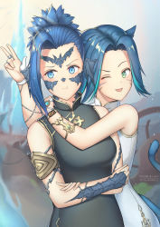 Rule 34 | 2girls, :t, absurdres, andonoz, animal ears, au ra, warrior of light (ff14), blue hair, blurry, blurry background, cat ears, cat tail, closed mouth, couple, dragon horns, dress, facial mark, final fantasy, final fantasy xiv, green eyes, highres, horns, hug, jewelry, looking at another, miqo&#039;te, multiple girls, one eye closed, open mouth, ring, scales, short hair, sleeveless, sleeveless dress, slit pupils, standing, tail, upper body, v, watermark