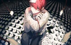 Rule 34 | 1boy, absurdres, black pants, c asca, can, collarbone, hair between eyes, highres, holding, holding can, hypnosis mic, id card, kannonzaka doppo, long sleeves, male focus, pants, perspective, red hair, short hair, sitting, sweatdrop, twitter username