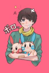 Rule 34 | 1boy, bags under eyes, bandages, black hair, blue eyes, border, closed mouth, commentary request, creatures (company), crossed arms, den 10 chu 10, game freak, gen 3 pokemon, green shirt, heterochromia, highres, holding, holding pokemon, kamen rider, kamen rider build (series), kiryuu sento, male focus, minun, nintendo, pink background, plusle, pokemon, pokemon (creature), portrait, red eyes, scarf, shirt, solo, white border, yellow scarf