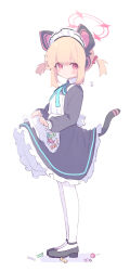 Rule 34 | 1girl, animal ears, apron, black dress, black footwear, blonde hair, blue archive, blush, candy, cat ears, cat tail, dress, fake animal ears, food, from side, full body, halo, highres, long sleeves, looking at viewer, momoi (blue archive), momoi (maid) (blue archive), official alternate costume, official alternate hairstyle, pink halo, red eyes, ruten (onakasukusuku), short twintails, simple background, solo, tail, twintails, white apron, white background