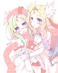 Rule 34 | 1boy, 1girl, blonde hair, blue eyes, blush, bracelet, braid, breasts, cleavage, closed mouth, elf, embarrassed, forehead jewel, glasses, gradient hair, hair ornament, jewelry, large breasts, long hair, minazoi kuina, multicolored hair, nina cliffe, no game no life, open mouth, pointy ears, scarf, smile, symbol-shaped pupils, sync nilvalen, think nirvalen, twitter username, very long hair