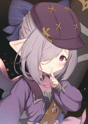 Rule 34 | 1girl, black background, blue bow, bow, brown hat, closed mouth, commentary, flat cap, granblue fantasy, grey hair, hair bow, hair over one eye, hand up, hat, highres, jacket, long sleeves, niyon (granblue fantasy), niyon (violet anonymity) (granblue fantasy), pink shirt, pointy ears, puffy long sleeves, puffy sleeves, purple eyes, purple jacket, shirt, sleeves past wrists, smile, solo, striped, striped bow, symbol-only commentary, uneg