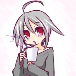 Rule 34 | 100 percent orange juice, 1girl, ahoge, alternate hair length, alternate hairstyle, black shirt, blush, coffee mug, collarbone, commentary request, cup, drinking glass, hair between eyes, head tilt, holding, holding cup, hono, long sleeves, looking at viewer, lowres, mug, official art, parted lips, red eyes, shirt, silver hair, sleeves past wrists, solo, steam, suguri, suguri (orange juice)