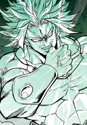 Rule 34 | 1boy, abs, biceps, bracer, broly (dragon ball z), dragon ball, dutch angle, earrings, green theme, grin, hand up, hoop earrings, jewelry, jin (mugenjin), legendary super saiyan, male focus, manly, monochrome, muscular, no pupils, parted bangs, smile, solo, spiked hair, super saiyan, upper body, veins