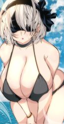 Rule 34 | 1girl, 2b (nier:automata), bare shoulders, bent over, bikini, black bikini, black blindfold, black hairband, blindfold, blue sky, breasts, cleavage, cloud, collarbone, earrings, female focus, grey hair, hairband, highres, huge breasts, jewelry, kinakomochi (user vedc2333), leaning forward, mole, mole under mouth, nier:automata, nier (series), ocean, open mouth, outdoors, short hair, sky, solo, sweatdrop, swimsuit, thick thighs, thighs