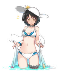 Rule 34 | azu ankoowl, bikini, black hair, blue bikini, breasts, character request, choker, collarbone, commentary request, copyright request, eyelashes, flower hat, frills, hat, highres, holding, holding clothes, light blush, looking down, medium breasts, navel, open mouth, sarong, short hair, solo, stomach, sun hat, swimsuit, thigh strap, thighs, two-tone bikini, water, white background, white bikini, white hat, yellow eyes