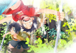 Rule 34 | 2boys, bandages, belt, black hair, brothers, east blue, family, freckles, hat, jumping, male focus, monkey d. luffy, multiple boys, mushroom, nyuu men, one piece, open clothes, open shirt, outdoors, plant, pole, portgas d. ace, scar, shirt, shueisha, siblings, smile, straw hat, weapon, aged down