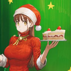 Rule 34 | 1girl, bell, big sister (navigavi), breasts, brown eyes, brown hair, cake, cake slice, commentary request, earrings, food, fruit, hat, highres, holding, holding plate, indoors, jewelry, jun (navigavi), large breasts, long hair, looking at viewer, neck bell, original, plate, red sweater, ribbed sweater, santa costume, santa hat, sparkling eyes, star (symbol), strawberry, strawberry shortcake, stud earrings, sweater, upper body