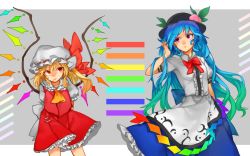 Rule 34 | 2girls, ascot, black hat, blonde hair, blouse, blue hair, blue skirt, bow, bowtie, buttons, commentary, crystal, flandre scarlet, food, frilled shirt, frilled shirt collar, frilled skirt, frilled sleeves, frills, fruit, hat, hat ribbon, highres, hinanawi tenshi, leaf, long hair, looking at another, medium hair, mob cap, multiple girls, peach, puffy short sleeves, puffy sleeves, rainbow gradient, rainbow order, red bow, red eyes, red ribbon, red skirt, red vest, ribbon, shidaccc, shirt, short sleeves, side ponytail, simple background, skirt, standing, touhou, upper body, very long hair, vest, white shirt, wings, yellow neckwear