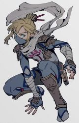 Rule 34 | 1boy, armor, bandaged arm, bandages, belt, blonde hair, blue eyes, costume request, earrings, fingerless gloves, floating scarf, full body, gloves, hair ornament, highres, jewelry, link, long hair, looking at viewer, male focus, mask, mouth mask, nintendo, oimo (oimkimn), pointy ears, scarf, sidelocks, simple background, sitting, solo, the legend of zelda, the legend of zelda: breath of the wild, white background