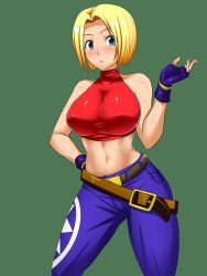Rule 34 | 1girl, belt, blonde hair, blowing kiss, blue eyes, blue mary, breasts, fatal fury, fingerless gloves, gloves, hand on own hip, highres, large breasts, lipstick, looking at viewer, makeup, midriff, navel, okyou, pants, parted lips, short hair, snk, solo, source request, the king of fighters, thighs, third-party edit