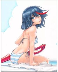 Rule 34 | 1girl, ass, bare back, beach towel, bikini, black hair, blue bikini, blue eyes, blue sky, breasts, butt crack, cloud, cloudy sky, commentary, cumulonimbus cloud, english commentary, from behind, from side, highres, holding, holding weapon, kill la kill, leaning forward, lips, looking at viewer, looking back, looking to the side, marker (medium), matoi ryuuko, medium breasts, multicolored hair, non-web source, omar dogan, outdoors, parted lips, pool, poolside, red hair, scan, scissor blade (kill la kill), sitting, sky, soaking feet, streaked hair, striped bikini, striped clothes, swimsuit, towel, traditional media, two-tone bikini, two-tone hair, weapon, white bikini
