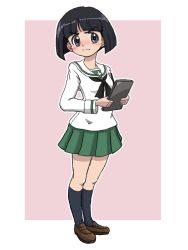 Rule 34 | 1girl, armband, black eyes, black hair, black neckerchief, black socks, blouse, blunt bangs, blunt ends, blush, bob cut, brown footwear, clipboard, closed mouth, commentary request, embarrassed, frown, full body, girls und panzer, glaring, green skirt, holding, holding clipboard, loafers, long sleeves, looking at viewer, miniskirt, neckerchief, ooarai school uniform, outline, outside border, pink background, pleated skirt, sailor collar, school uniform, serafuku, shirt, shoes, short hair, skirt, socks, solo, sono midoriko, standing, takahashi kurage, white outline, white sailor collar, white shirt