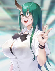 Rule 34 | 1girl, :d, alternate costume, arknights, arm up, black bow, black bowtie, black bra, black nails, blurry, blurry background, bow, bowtie, bra, bracelet, breasts, collared shirt, dress shirt, green eyes, green hair, hair between eyes, highres, horns, hoshiguma (arknights), jewelry, large breasts, long hair, looking at viewer, nail polish, noixen, open mouth, shirt, short sleeves, single horn, skin-covered horns, smile, solo, teeth, tongue, underwear, upper body, upper teeth only, v, white shirt