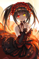 Rule 34 | 1girl, bare shoulders, black hair, breasts, cleavage, clock eyes, collarbone, date a live, detached sleeves, dress, gekka nanako, hairband, heterochromia, highres, index finger raised, lolita fashion, lolita hairband, long hair, looking at viewer, medium breasts, red dress, red eyes, shiny skin, smile, solo, symbol-shaped pupils, tokisaki kurumi, tongue, tongue out, twintails, yellow eyes