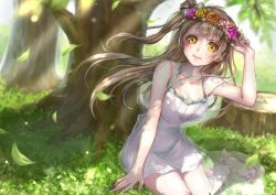 Rule 34 | 10s, 1girl, arm up, bare legs, bare shoulders, blurry, brown hair, collarbone, dappled sunlight, day, depth of field, dress, flower, grass, halterneck, head wreath, leaf, lips, lma, long hair, looking at viewer, love live!, love live! school idol festival, love live! school idol project, minami kotori, off shoulder, outdoors, rose, sandals, see-through, short dress, side ponytail, sitting, sleeveless, sleeveless dress, solo, sunlight, tree, tree shade, tree stump, white dress, wind, yellow eyes
