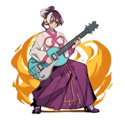 Rule 34 | 1girl, :&lt;, arc system works, electric guitar, full body, guilty gear, guilty gear xrd, guitar, headphones, high heels, highres, instrument, korean clothes, kum haehyun, multicolored hair, music, playing instrument, purple eyes, purple footwear, purple hair, serious, short ponytail, solo, two-tone hair, uncle rabbit ii, white hair, wireless