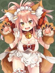 Rule 34 | 1girl, animal ears, animal hands, apron, bell, blush, breasts, bridal garter, cat hair ornament, cleavage, collar, fangs, fate/grand order, fate (series), fox ears, fox tail, frilled hairband, frills, green background, hair ornament, hairband, highres, kuune rin, large breasts, long hair, looking at viewer, open mouth, pink hair, signature, solo, tail, tamamo (fate), tamamo cat (fate), tamamo cat (third ascension) (fate), tamamo no mae (fate/extra), yellow eyes