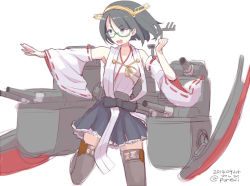 Rule 34 | 10s, 1girl, 2014, aiming, bare shoulders, black eyes, black hair, blue skirt, dated, detached sleeves, frilled skirt, frills, glasses, green-framed eyewear, kantai collection, kirishima (kancolle), lace, lace-trimmed legwear, lace trim, machinery, nontraditional miko, pleated skirt, pureji oshou, ribbon-trimmed sleeves, ribbon trim, semi-rimless eyewear, short hair, simple background, skirt, solo, thighhighs, twitter username, white background