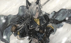 Rule 34 | 10s, 1boy, animal ears, belt, black gloves, blue eyes, buckle, cape, carrying over shoulder, cropped jacket, dark skin, dark-skinned male, erune, eustace (granblue fantasy), from above, gloves, granblue fantasy, gun, hair over one eye, holding, holding weapon, looking at viewer, male focus, motion blur, outdoors, over shoulder, rifle, snow, snowing, solo, upper body, weapon, weapon over shoulder, white hair, wind, zinnkousai3850