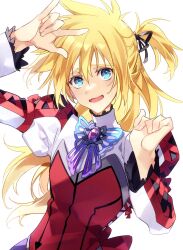 Rule 34 | 1boy, \m/, blonde hair, blue eyes, blush, bow, brooch, cheria barnes, cheria barnes (cosplay), cosplay, crossdressing, embarrassed, frills, hair between eyes, hair ribbon, highres, jewelry, kirimi maguro, long hair, long sleeves, looking at viewer, male focus, one side up, open mouth, puffy sleeves, ribbon, smile, solo, stahn aileron, tales of (series), tales of destiny, tales of graces, turtleneck, white background