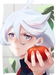 Rule 34 | 1girl, ahoge, close-up, closed mouth, dr.chopper (dalryu00), fingernails, food, frown, grey eyes, grey hair, gundam, gundam suisei no majo, hair between eyes, highres, holding, holding food, military, military uniform, miorine rembran, portrait, solo, tomato, uniform